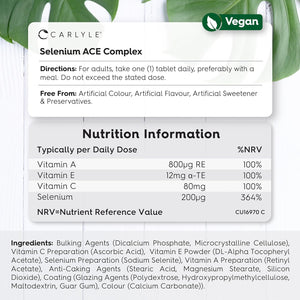 Selenium 200Mcg | Selenium ACE with Vitamin A, C and E | 180 Vegan Tablets | High Strength Supplements| Essential Trace Mineral | Carlyle