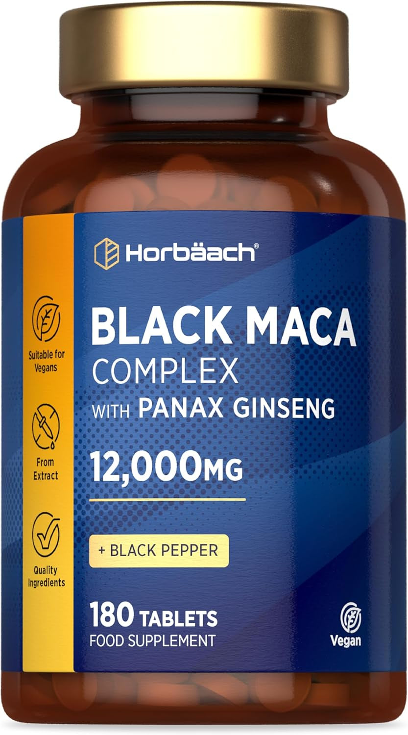 Black Maca Root 12,000Mg (High Strength) | Complex with Black Maca, Panax Ginseng, Yellow Maca & Black Pepper | 180 Vegan Tablets | by Horbaach