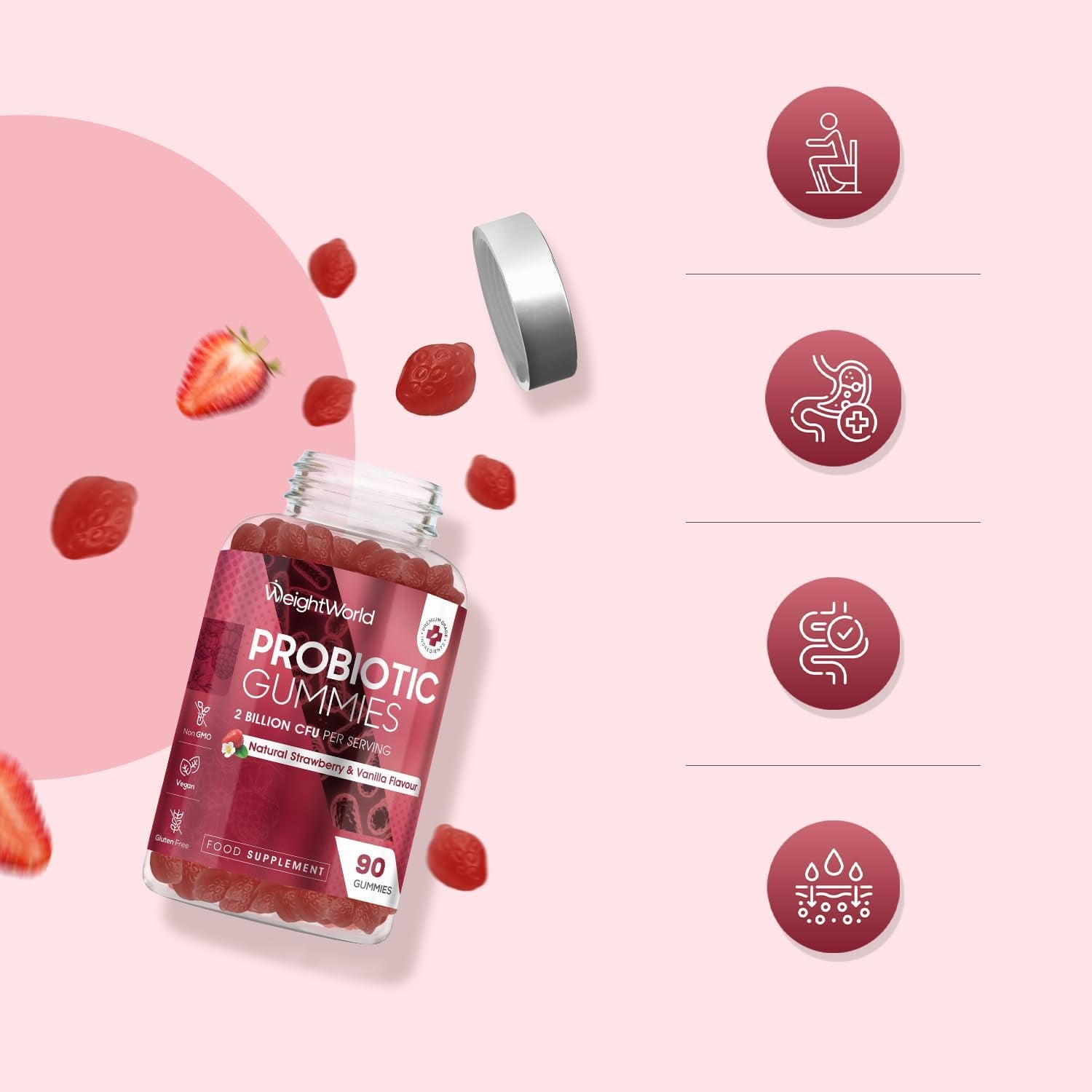 Vegan Probiotic Gummies with Prebiotic - 45 Days Supply (90 Gummies) - Natural Strawberry & Vanilla Flavour - Spore-Forming Bacillus Coagulans Strain & Prebiotic Fibre Inulin - for Men & Women