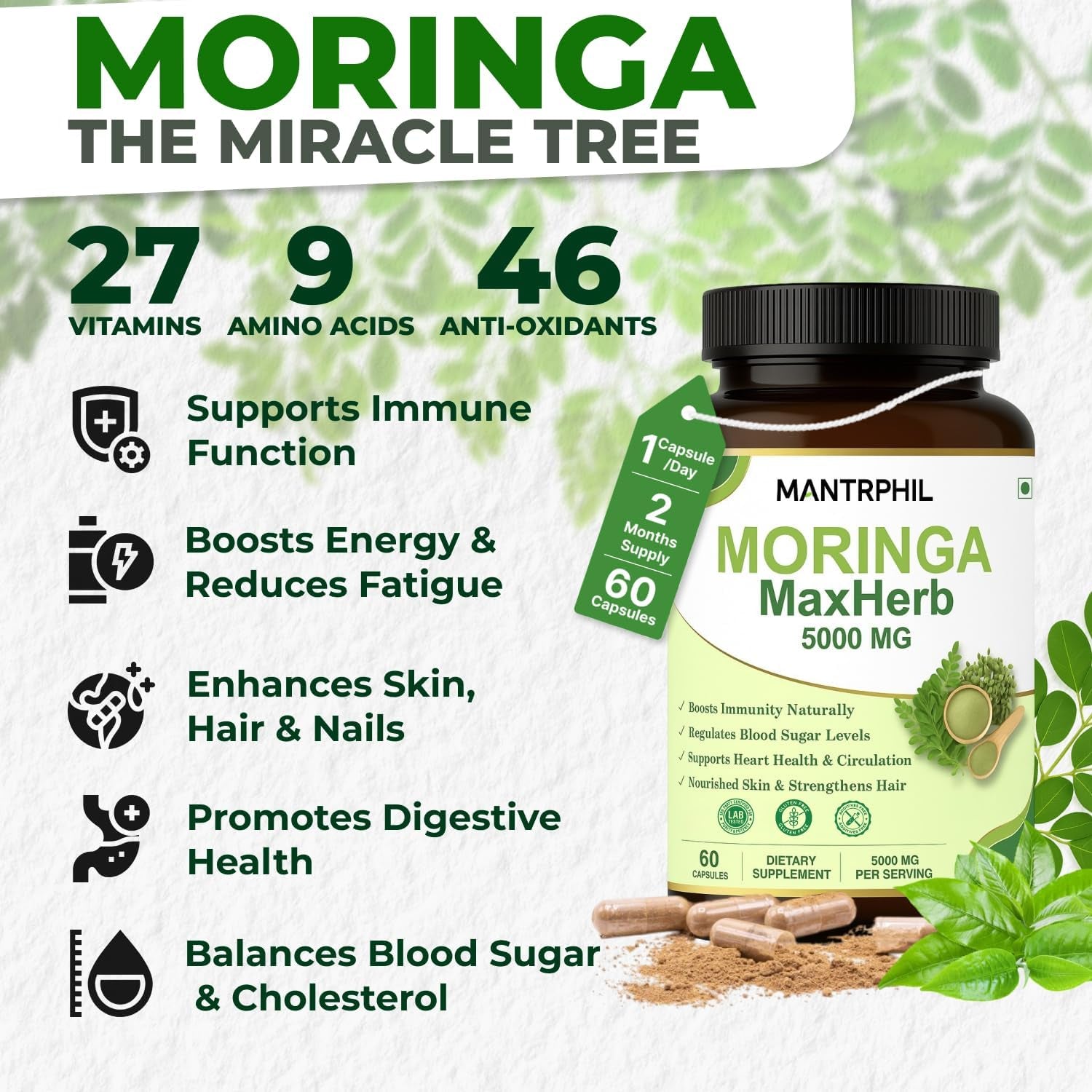 Moringa Capsules 5000Mg - 2 -Month Supply | 60 High-Strength Moringa Capsules | Pure Potent Leaf Extract - No Additives | Vegan, Non-Gmo & Lab-Tested