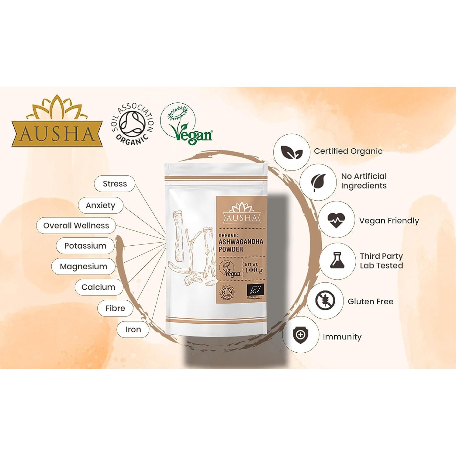 Ausha Organic Ashwagandha Powder 100G High Strength - UK Certified Organic by Soil Association - Stress & Anxiety Relief, Energy, Sleep Aid - Whole Ashwagandha Root Used