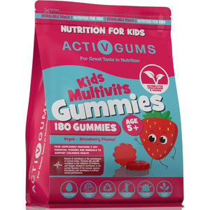 Kids Multi Vitamins 180 Vegan Gummies | Strawberry Flavour | Pouch with 9 Essential Vitamins A, D, E, C, B3, B6, B12, B5 & Iodine | Resealable & Recyclable | Suitable for Kids Age 5+ by Activgums®