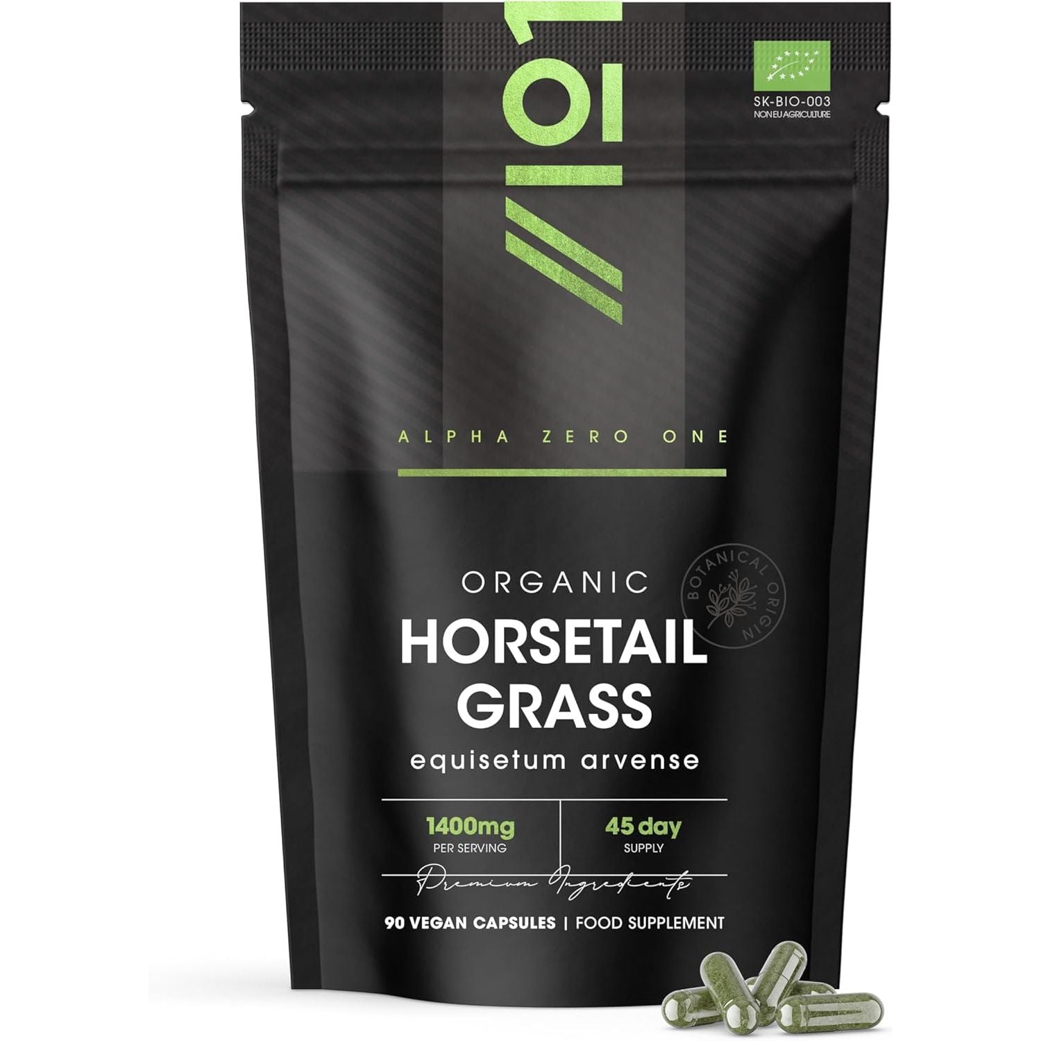 Organic Horsetail 1400Mg – 90 Vegan Capsules (45 Day Supply) – Pure & Potent Powder – Resealable and Recyclable Pouch by Alpha01