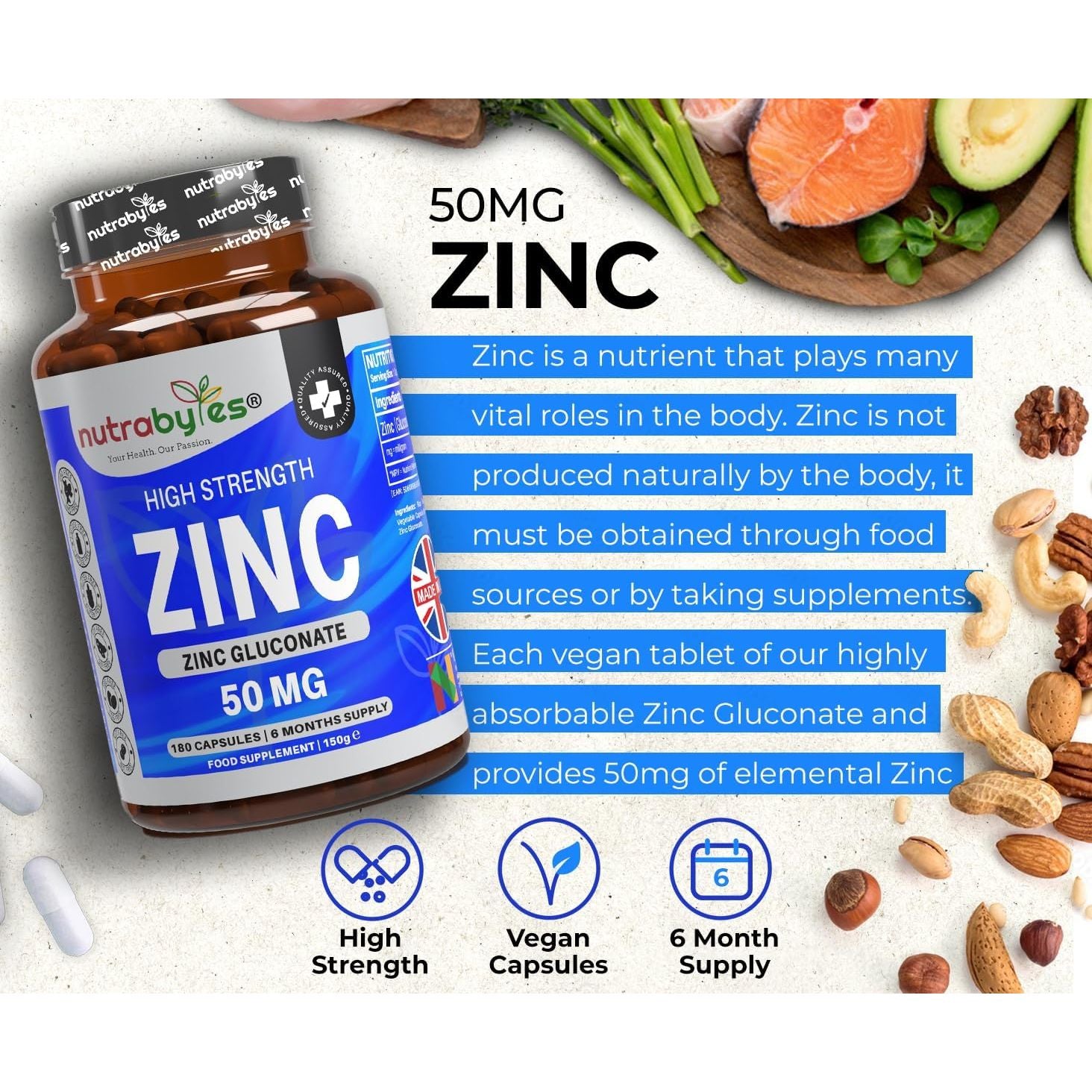 Nutrabytes High Strength Zinc Gluconate Supplement, 180 Vegan Capsules | 50Mg Pure Elemental Chelated Mineral for Immune System, Skin, Hair, Nails, Hormone & Fertility Support | 6 Month Supply