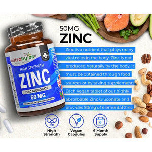 Nutrabytes High Strength Zinc Gluconate Supplement, 180 Vegan Capsules | 50Mg Pure Elemental Chelated Mineral for Immune System, Skin, Hair, Nails, Hormone & Fertility Support | 6 Month Supply