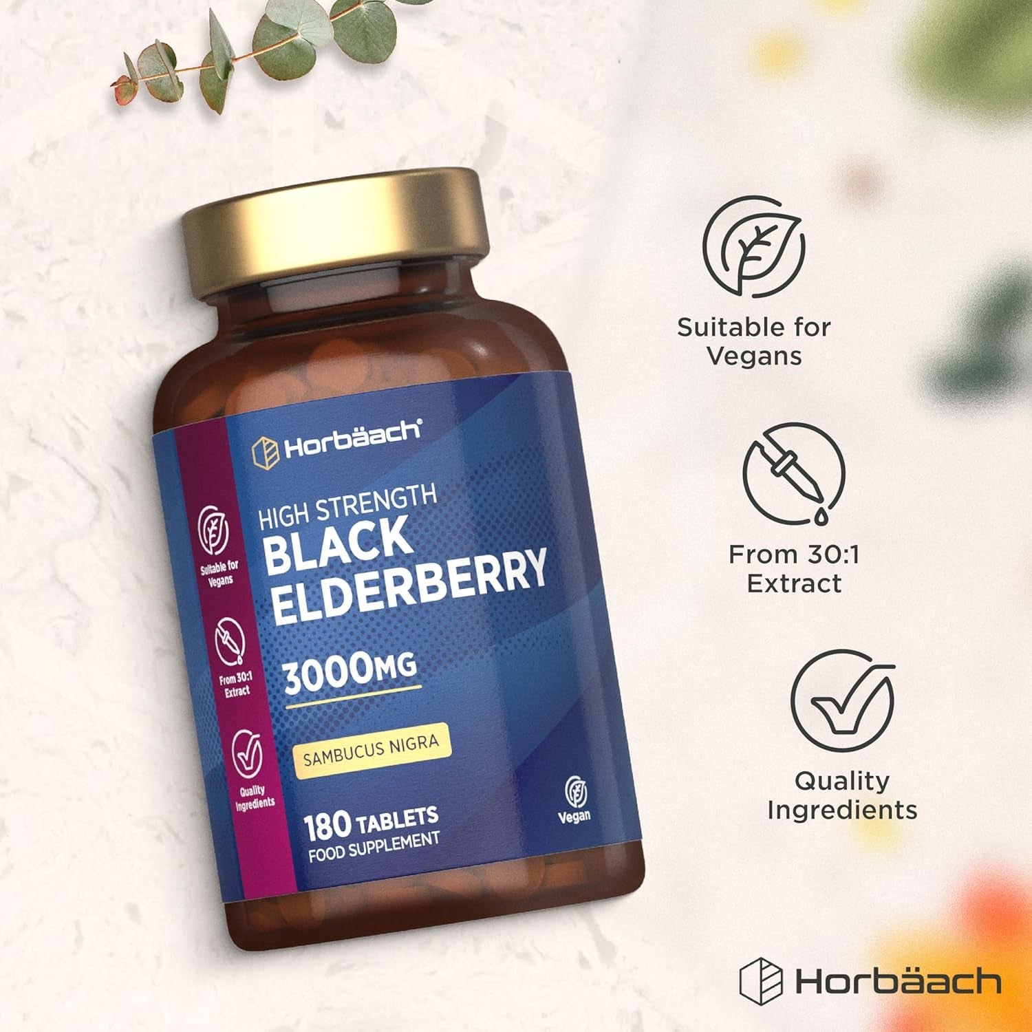Elderberry Supplement 3000Mg | Black Sambucus Nigra Tablets | High Strength Extract | 180 Vegan Tablets | by Horbaach