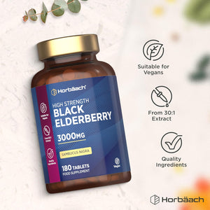 Elderberry Supplement 3000Mg | Black Sambucus Nigra Tablets | High Strength Extract | 180 Vegan Tablets | by Horbaach