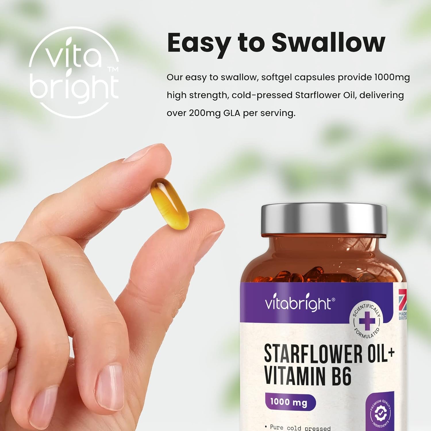 Starflower Oil Capsules 1000Mg | 3 Months High GLA Borage with Vitamin B6 | Cold Pressed Star Flower Oil 1000Mg Softgels | Vitabright Starflower Supplement High Strength