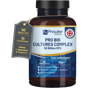 Bio Cultures Complex Probiotics and Prebiotics - 50 Billion CFU - 10 Live Bacteria Strains – Added with Inulin, L-Glutamine & Vitamin C - 60 Capsules | Advanced Probiotic for Women & Men by Prowise