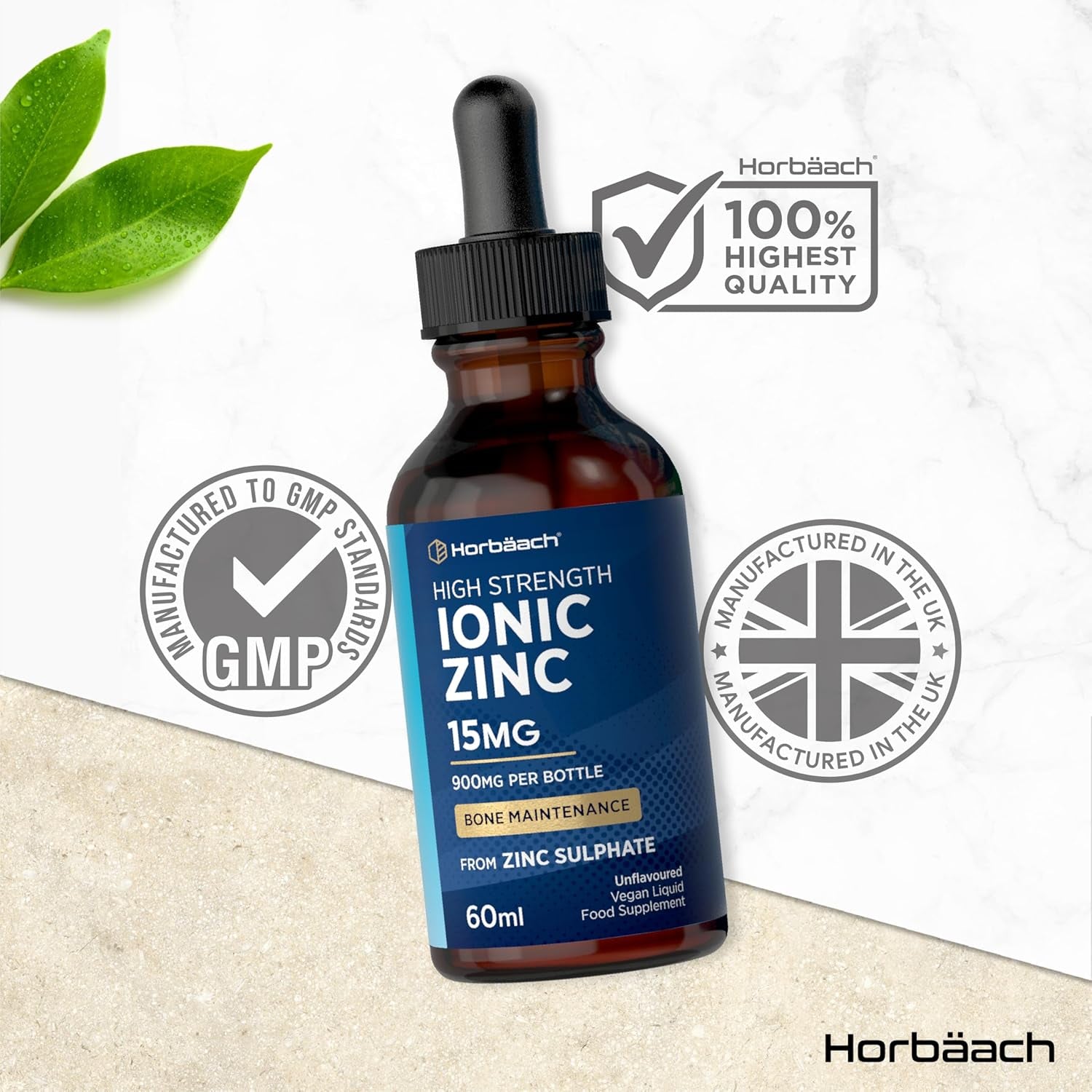 Ionic Zinc Liquid Drops | High Strength 15Mg Supplement from Zinc Sulphate | 900Mg per Bottle - 60Ml Liquid Drops | Suitable for Vegetarians & Vegans | by Horbaach
