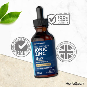 Ionic Zinc Liquid Drops | High Strength 15Mg Supplement from Zinc Sulphate | 900Mg per Bottle - 60Ml Liquid Drops | Suitable for Vegetarians & Vegans | by Horbaach