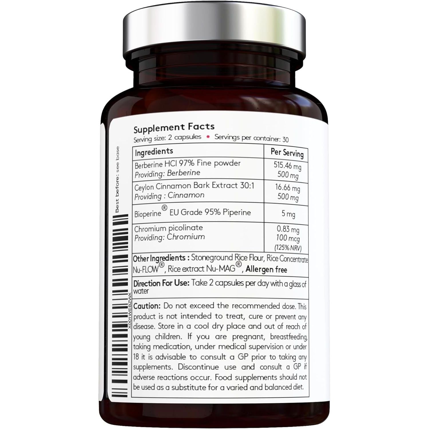 [Vital Haven] Berberine 98% 500Mg, Cinnamon 500Mg, Chromium 100Mg with Bioperine for Maximum Absorption - 60 Capsules - High Strength - Blood Sugar Control - Premium Ingredients - Made in the UK