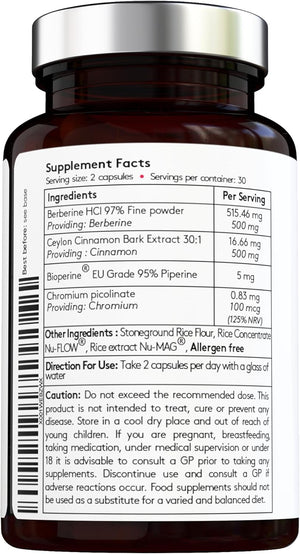 [Vital Haven] Berberine 98% 500Mg, Cinnamon 500Mg, Chromium 100Mg with Bioperine for Maximum Absorption - 60 Capsules - High Strength - Blood Sugar Control - Premium Ingredients - Made in the UK