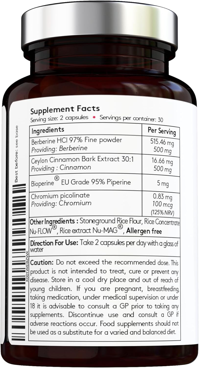 [Vital Haven] Berberine 98% 500Mg, Cinnamon 500Mg, Chromium 100Mg with Bioperine for Maximum Absorption - 60 Capsules - High Strength - Blood Sugar Control - Premium Ingredients - Made in the UK