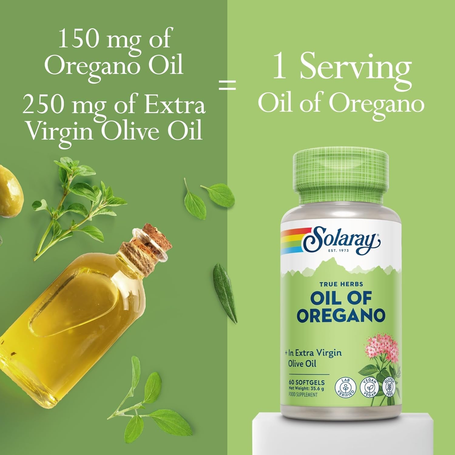 Solaray - Oregano Oil 150Mg - 60 Vegan Softgel - Natural Source of Omega 3 and 6, Vitamins and Minerals - High Strength Supplement - with Extra Virgin Olive Oil for Gentle Digestion - Lab Verified