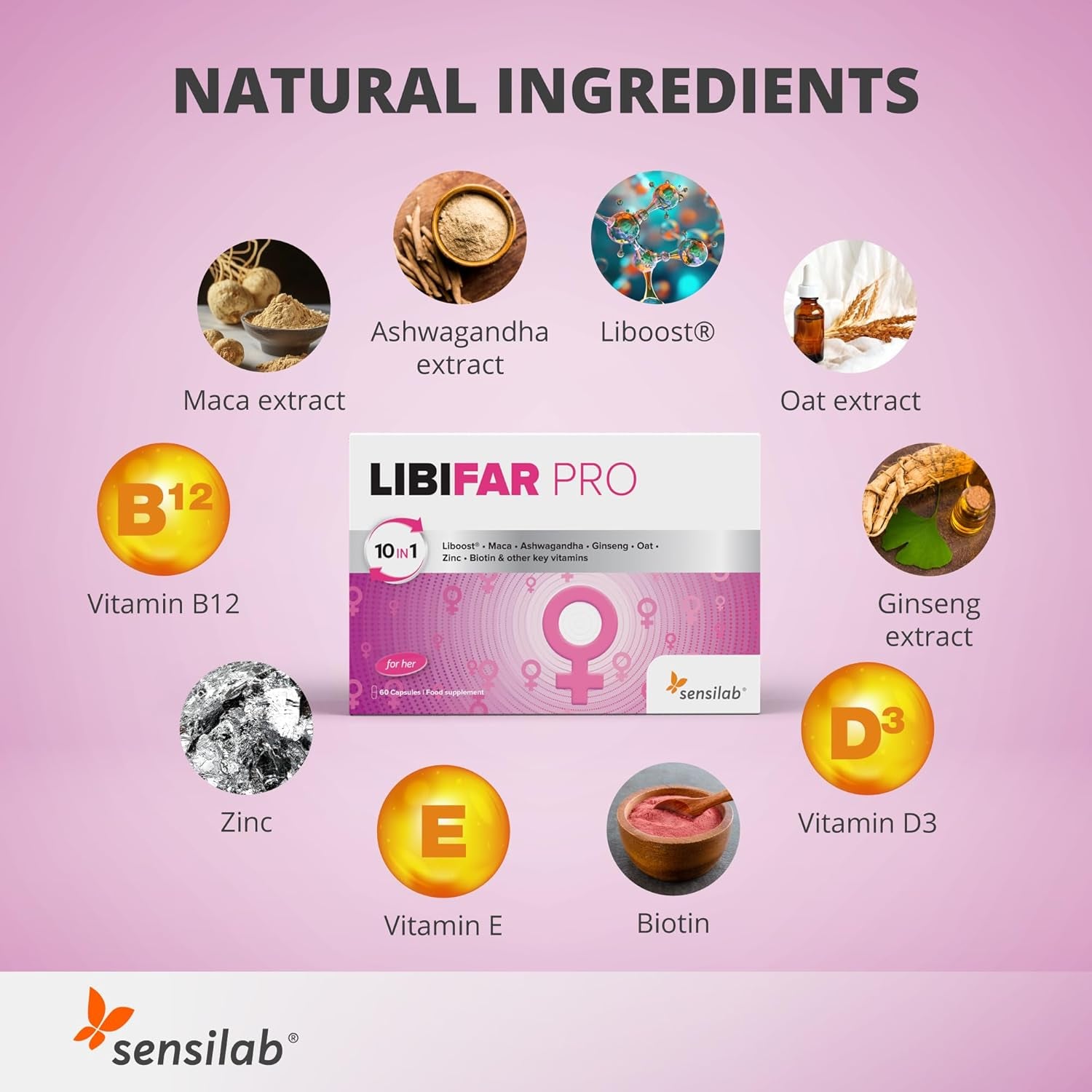 Libido Booster for Women with Liboost, Maca, Ashwagandha, Ginseng, Zinc, Biotin, Vitamin D, Vitamin B6, and Vitamin B12, 60 Capsules Libifar PRO by Sensilab