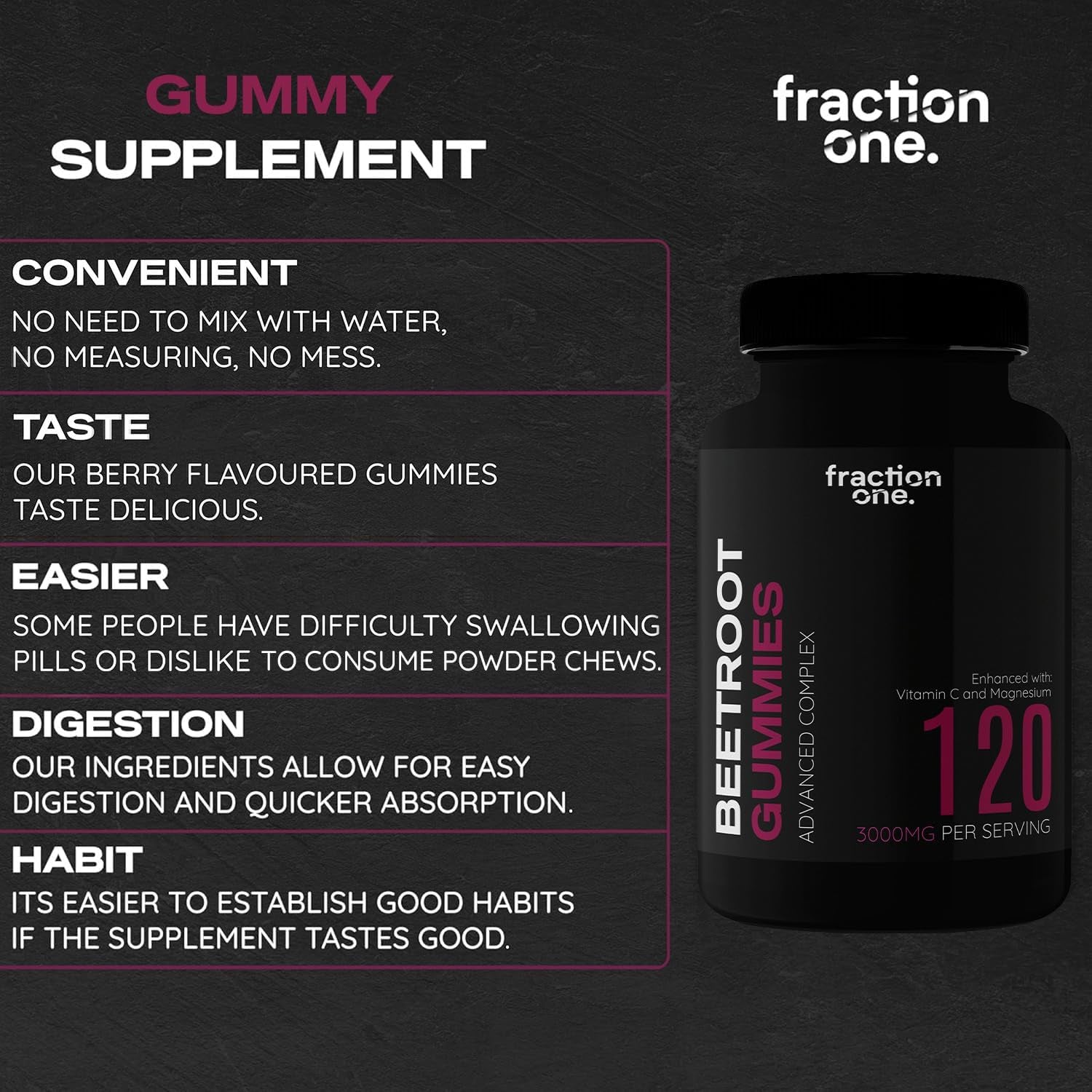 Fraction One Beetroot Gummies – 120 Gummies – 3000 Mg per Serving, 5:1 Extract - Enhanced with Vitamin C and Magnesium – Supports Blood Pressure, Vegan, Nitric Oxide Supplement – 60 Days Supply