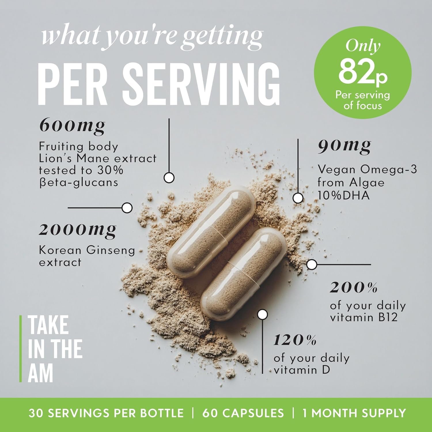 Grass & Co. Lion'S Mane Mushroom 600Mg Capsules with Vitamin D, Vegan Omega 3, Vitamin B12 & Ginseng | Focus | Supports Cognitive Health | 60 Capsules, 30 Servings