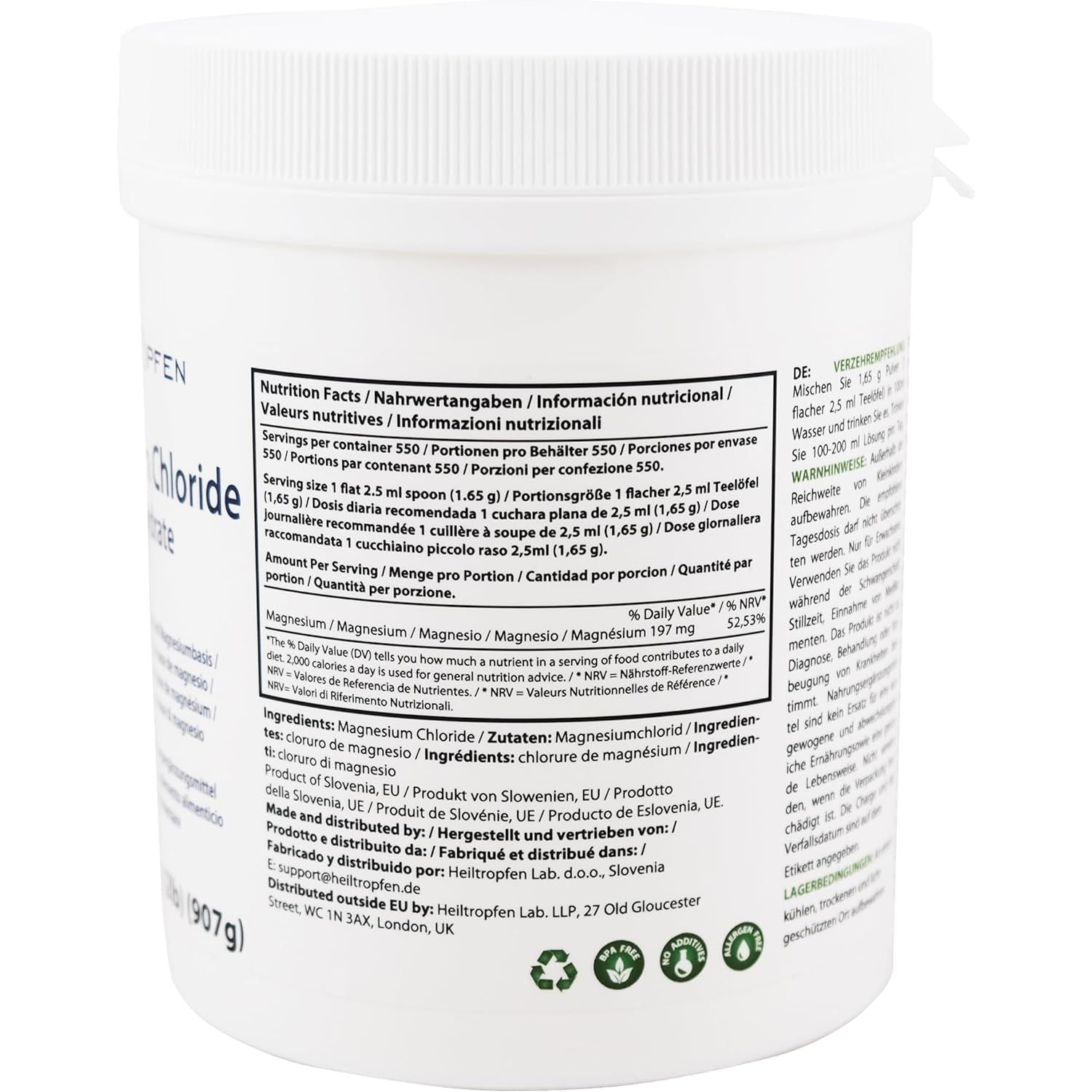 2 Pounds / 907 G Magnesium Chloride Powder | Hexahydrate | Pharmaceutical Grade Ingredients | Crystal Powder | Pure Ph. EUR., BP, USP, 100% - Muscle Pain Relief | Heiltropfen®