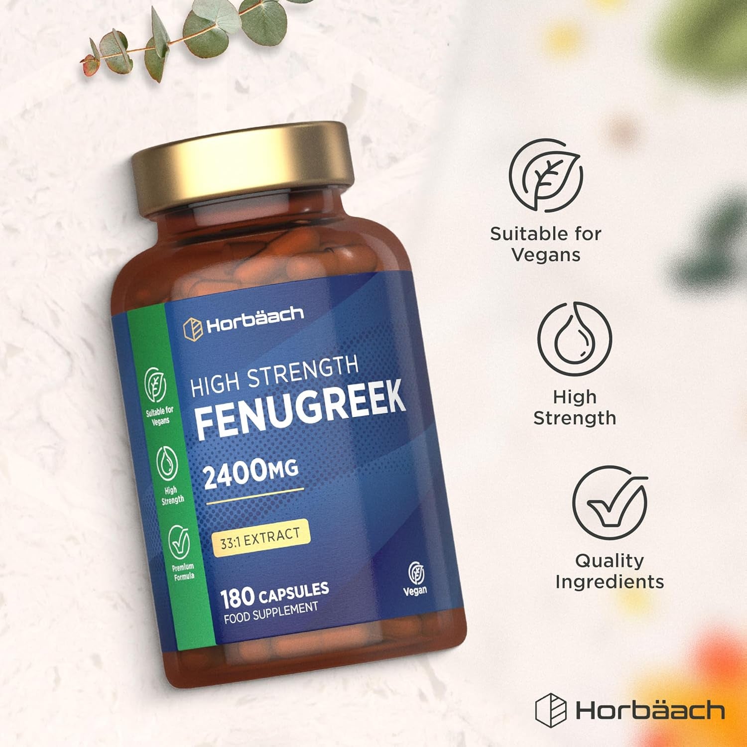 Fenugreek Capsules 2400Mg | Fenugreek Seed Extract | 180 Vegan Powder Capsules | High Strength | by Horbaach