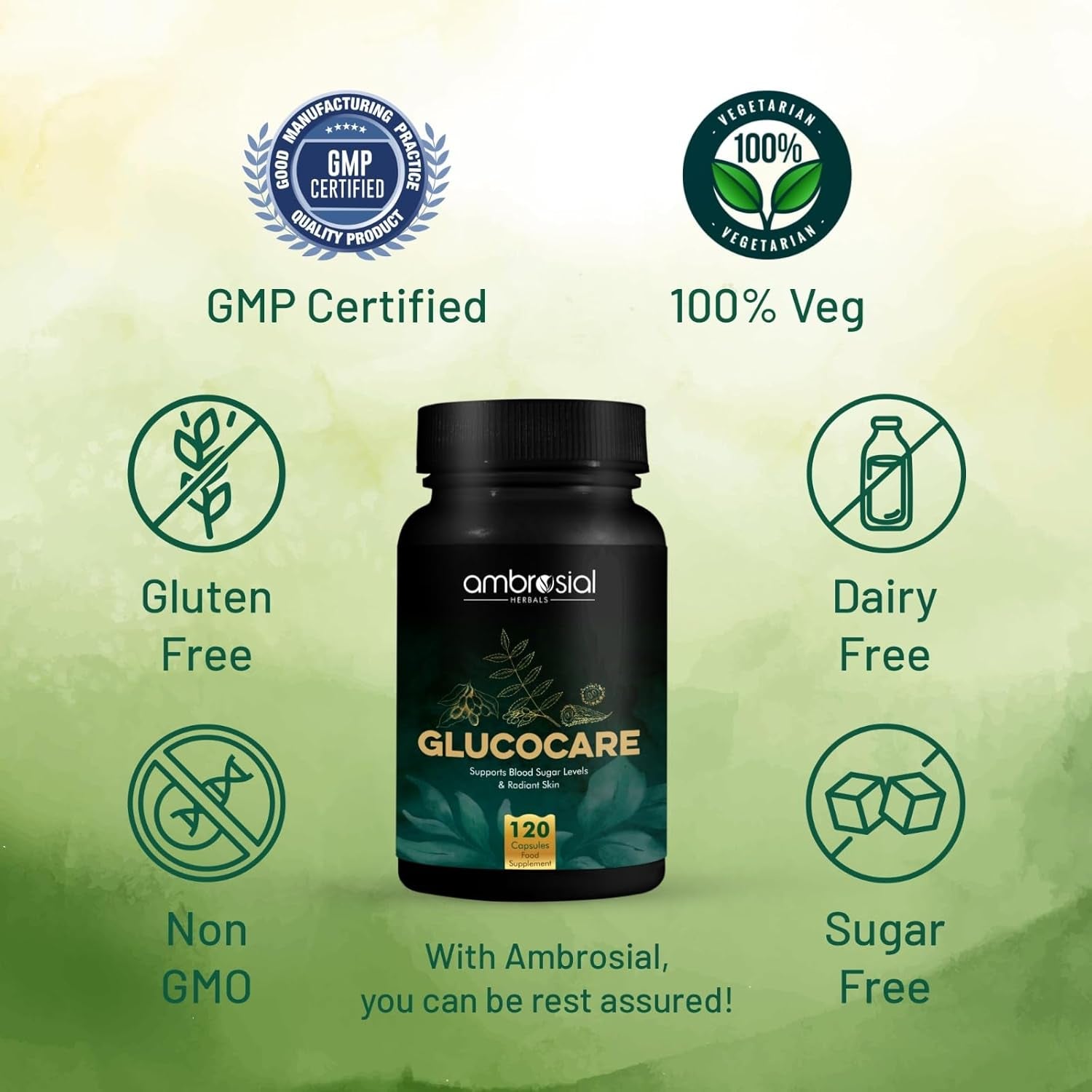 Ambrosial Glucocare | Bitter Melon | Neem | Black Plum (Jamun) | Helps in Balancing Blood Sugar | 100% Natural Ingredients | Pack of 1-120 Capsules