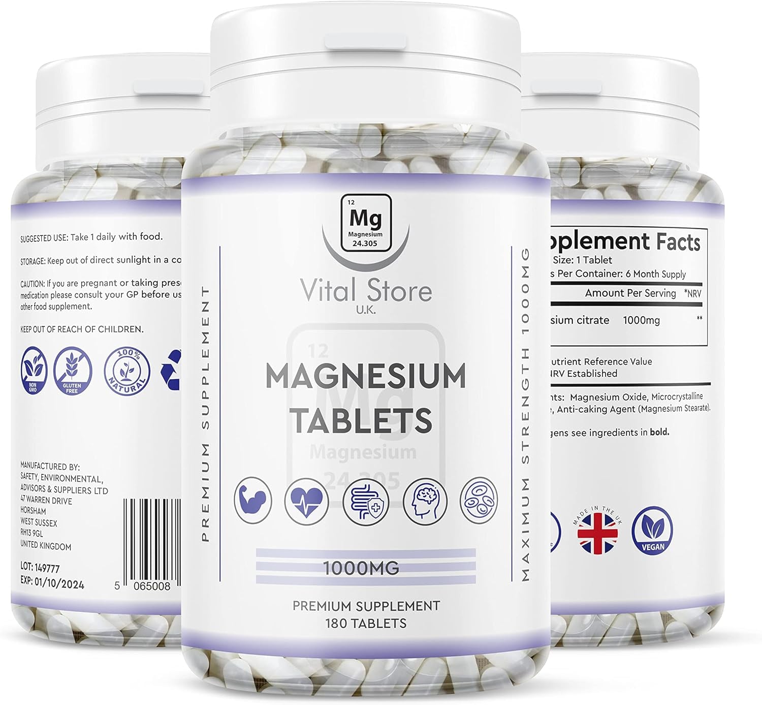 Magnesium Tablets 180Ct - 1000MG Providing 400MG Elemental Magnesium - Vegan 6 Month Supply 180 Magnesium Tablets - Magnesium Supplements