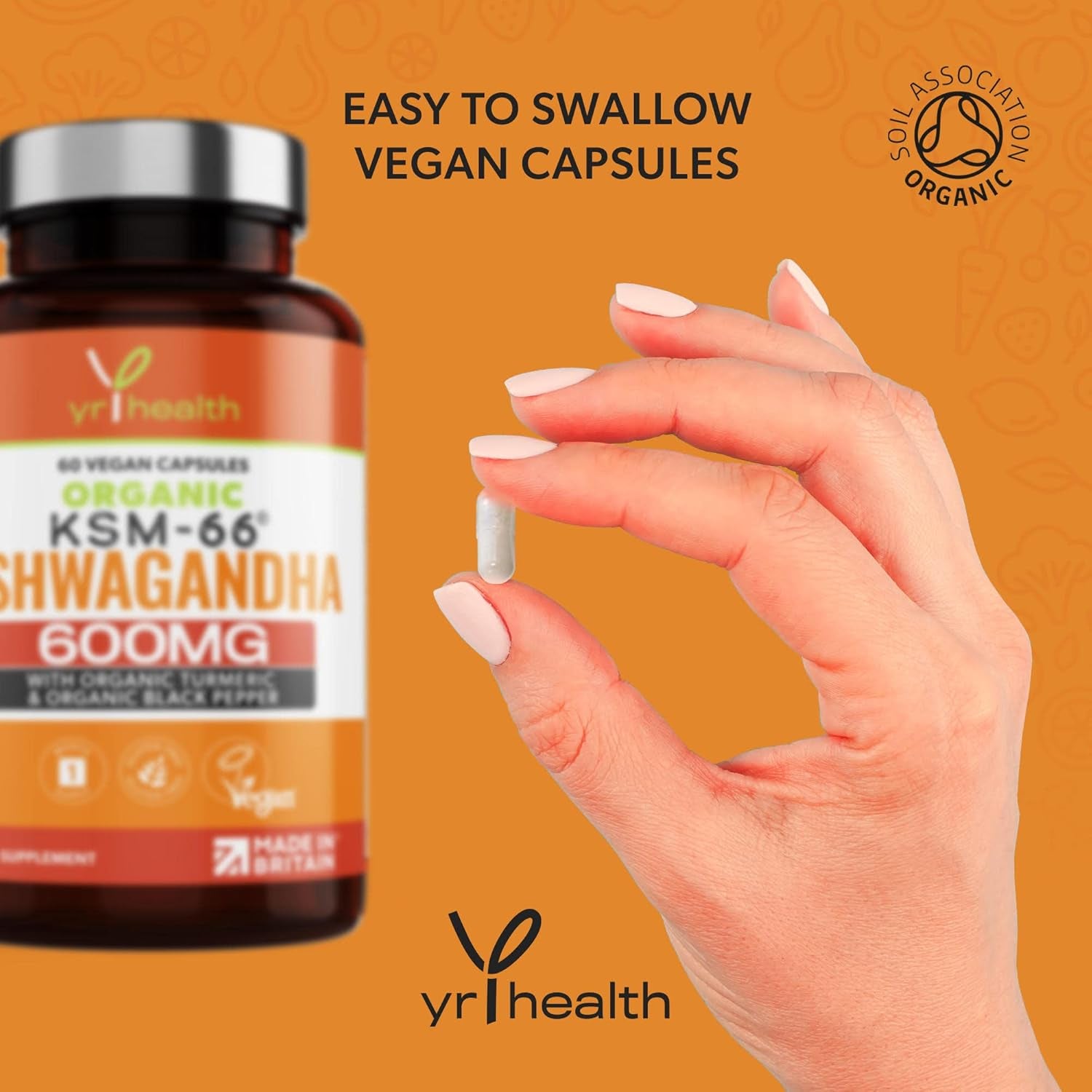 Organic Ashwagandha KSM-66 Capsules 5% Withanolides Added Organic Turmeric and Black Pepper, Certified by Soil Association, Vegan Registered Ashwagandha Powder Capsules, Made in the UK by Yrhealth