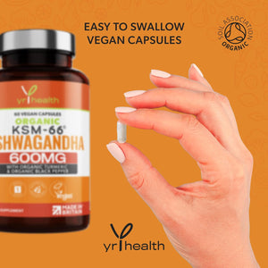 Organic Ashwagandha KSM-66 Capsules 5% Withanolides Added Organic Turmeric and Black Pepper, Certified by Soil Association, Vegan Registered Ashwagandha Powder Capsules, Made in the UK by Yrhealth