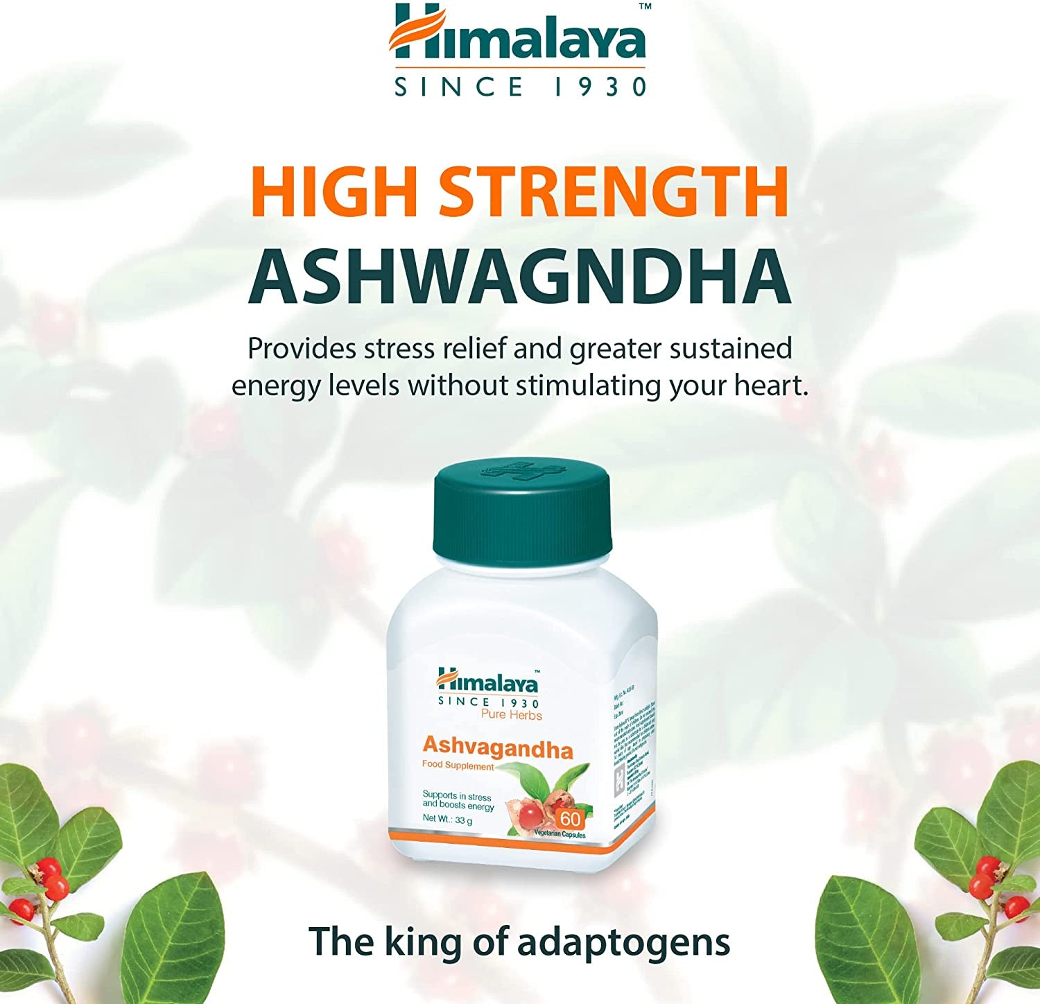 Himalaya Herbals Pure Herbs Ashvagandha Herbal Food Supplement | Helps Maintain a Healthy Balance and Healthy Sleep | Supports in Stress, for Daily Dose of Energy - 60 Vegetarian Capsules