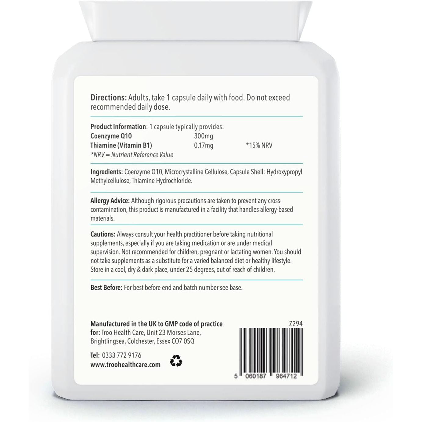 Troo Health Coq10 Supplement 300Mg plus - 60 Capsules - High Strength Trans Form Co Enzyme Q10 Enhanced with Vitamin B1 to Support Healthy Heart Function & Energy Metabolism - 2 Month Supply – UK Made