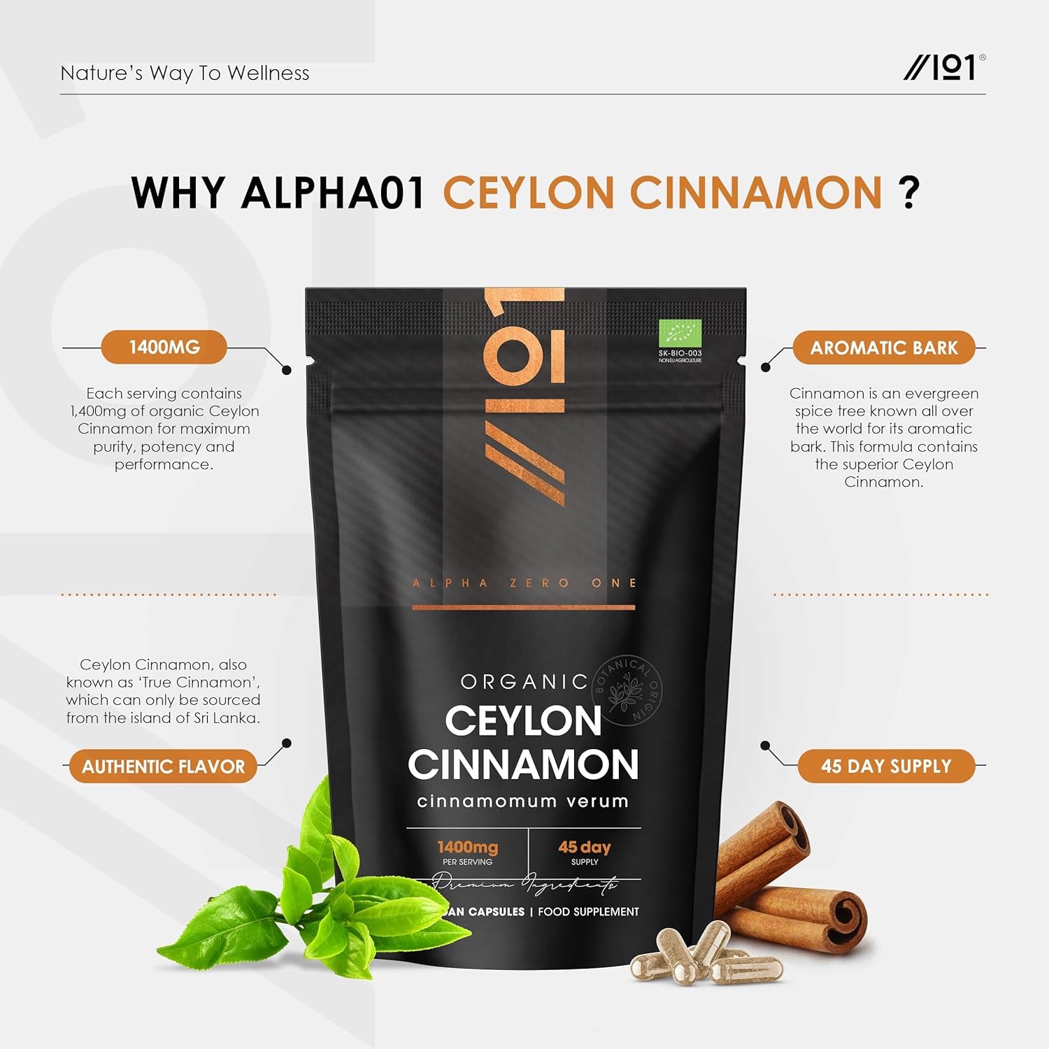 Organic Ceylon Cinnamon 1400Mg – Potent 100% Sri Lanka Cinnamon Verum – 90 Vegan Capsules – Resealable and Recyclable Pouch by Alpha01
