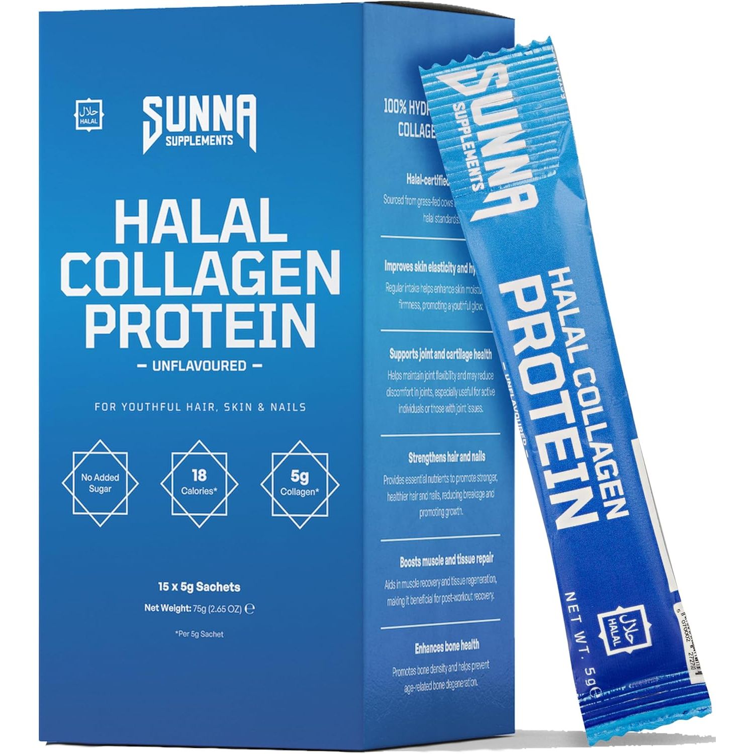 SUNNA SUPPLEMENTS Halal Collagen Protein Sachets 15 X 5G - Hydrolysed Bovine Collagen Peptides Skin, Hair, Nail Vitamins & Joint Support, Gluten-Free, Dairy-Free & Soy-Free Unflavored & Easy to Mix