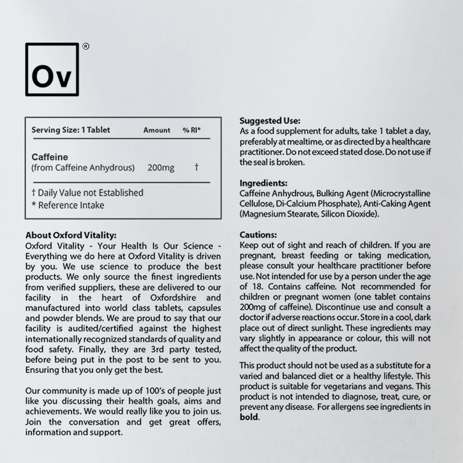 Caffeine 200Mg Tablets | Supplements for Pre-Workout Energy | Oxford Vitality