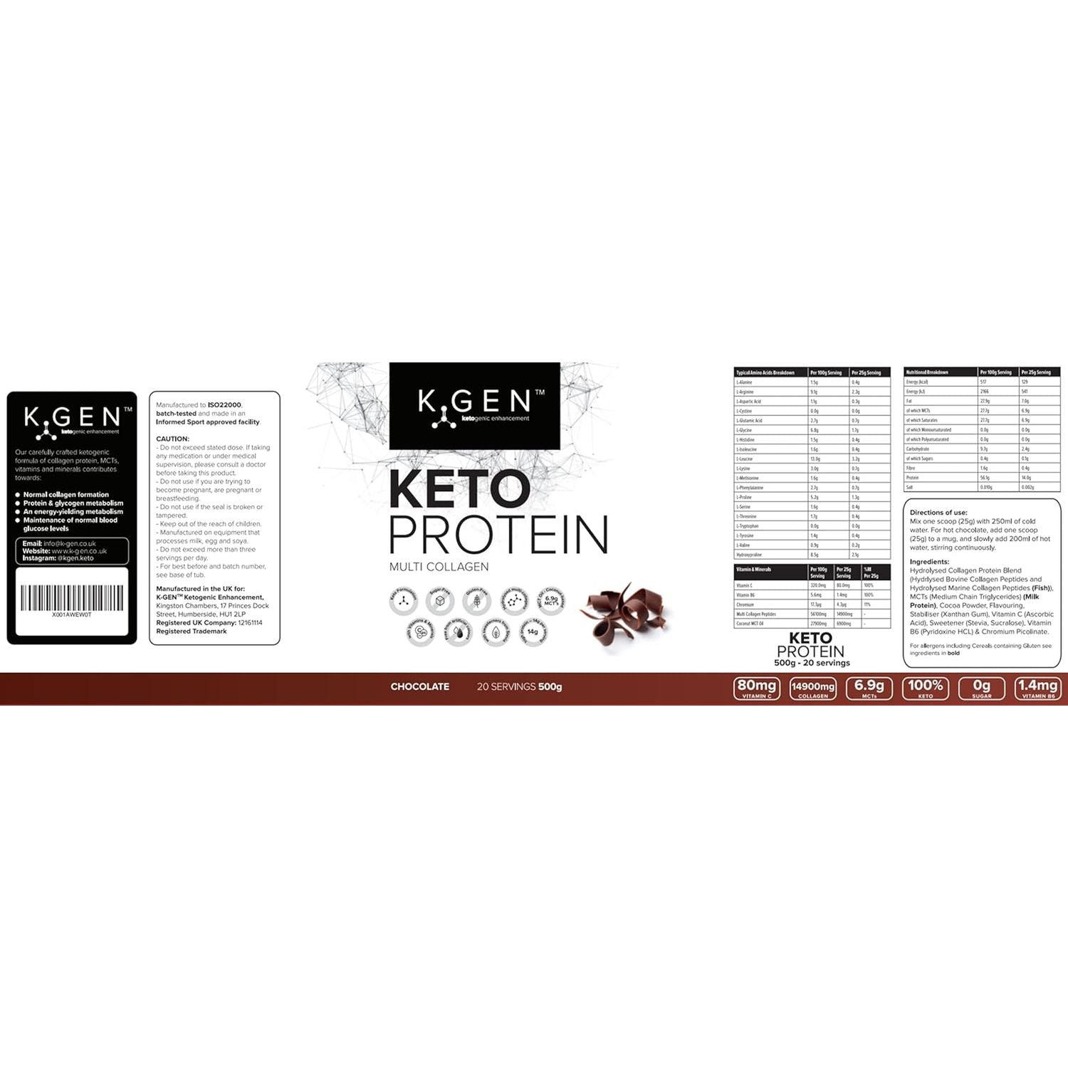 K-GEN™ Keto Collagen Protein Powder Natural Multi Collagen Chocolate Blend, Coconut MCT Vitamin C+B6 | UK Made Advanced Ketosis for Keto & Paleo | Low Carb Free-From: Sugar, Whey & Gluten