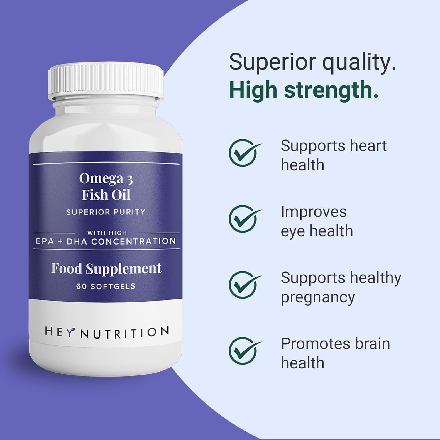 Hey Nutrition Pure Omega-3 Fish Oil 2000Mg with Vitamin E - High EPA + DHA Concentration - Maintains Heart, Joint, Brain & Immunity Support - UK Manufactured - Non-Gmo - 60 Softgels