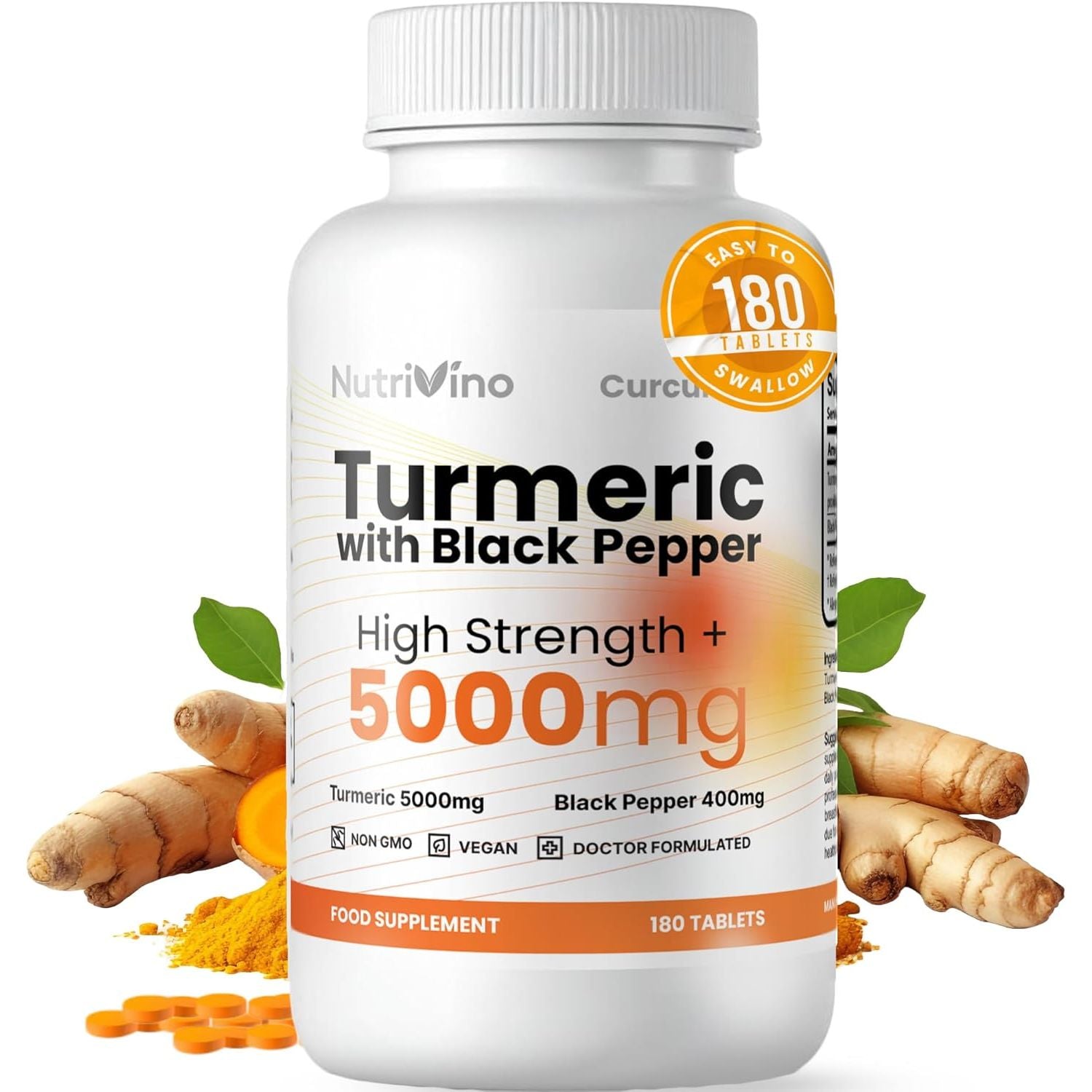 Turmeric Tablets 5000Mg with Black Pepper | 95% Curcumin Extract | 180 Easy to Swallow Tiny Turmeric and Black Pepper Tablets | Vegan & Cruelty-Free | Supplements for Men and Women by Nutrivino