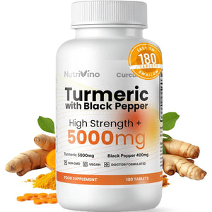 Turmeric Tablets 5000Mg with Black Pepper | 95% Curcumin Extract | 180 Easy to Swallow Tiny Turmeric and Black Pepper Tablets | Vegan & Cruelty-Free | Supplements for Men and Women by Nutrivino