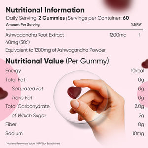Ashwagandha Gummies 1200Mg - 120 Gummies - 2 Months Supply - Tasty Natural Raspberry Flavour - 2 per Day - Ashwagandha Root Extract Supplement - Vegan, Non-Gmo, Gluten-Free & Travel-Friendly