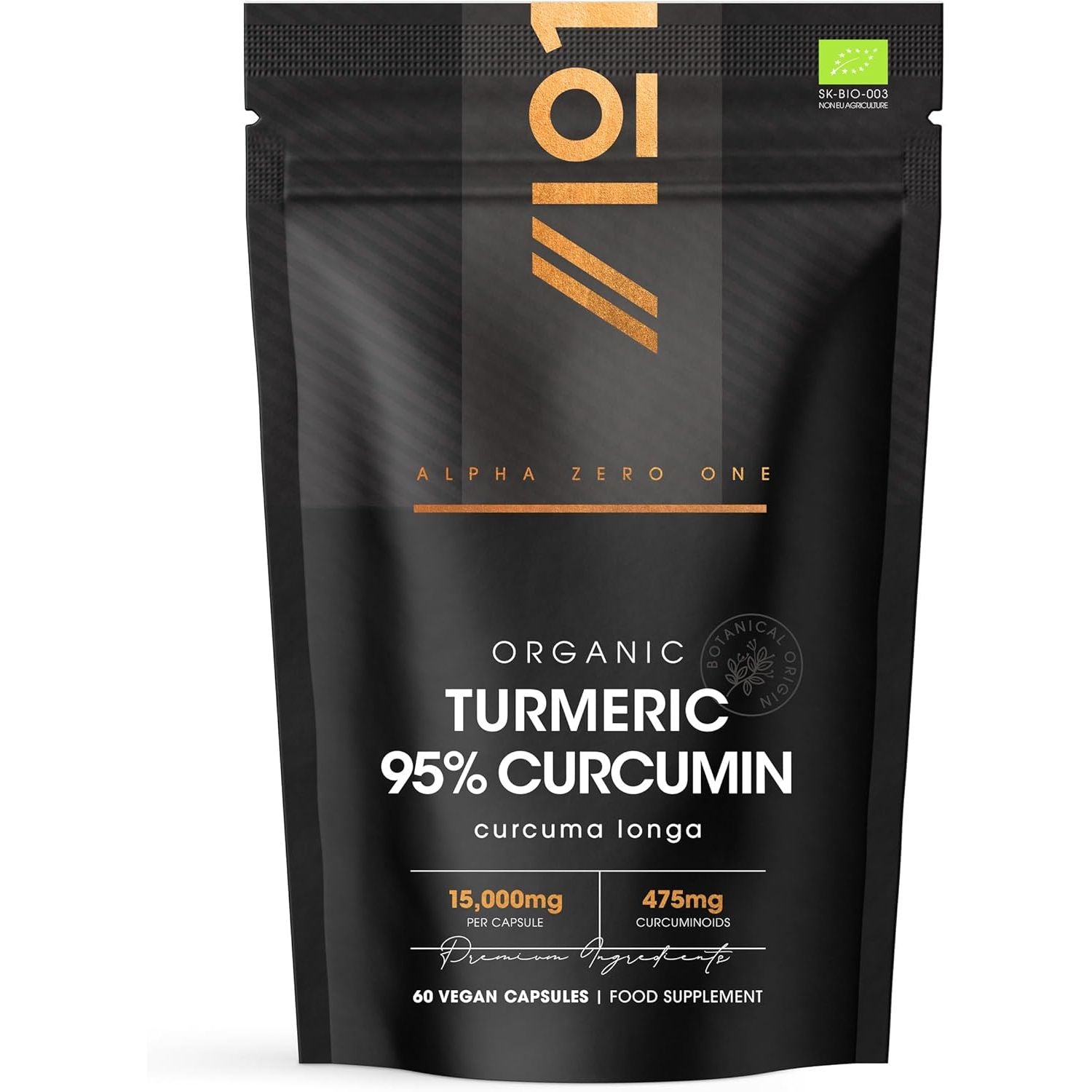 Organic Curcumin 95% with Black Pepper – 475Mg Curcuminoids – 60 Vegan Capsules – High Strength Turmeric Supplement – 2 Months Supply by Alpha01