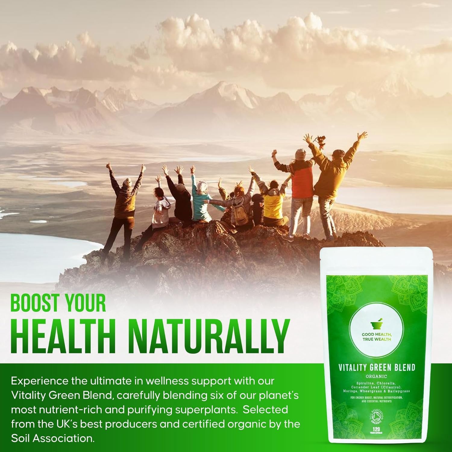 Organic Super Greens Capsules | Ultimate Green Blend of 6 Super Greens & Superfood Powder | 120 Capsules | Removes Toxins & Boost Energy | Gluten-Free, Vegan & Soil Association Certified