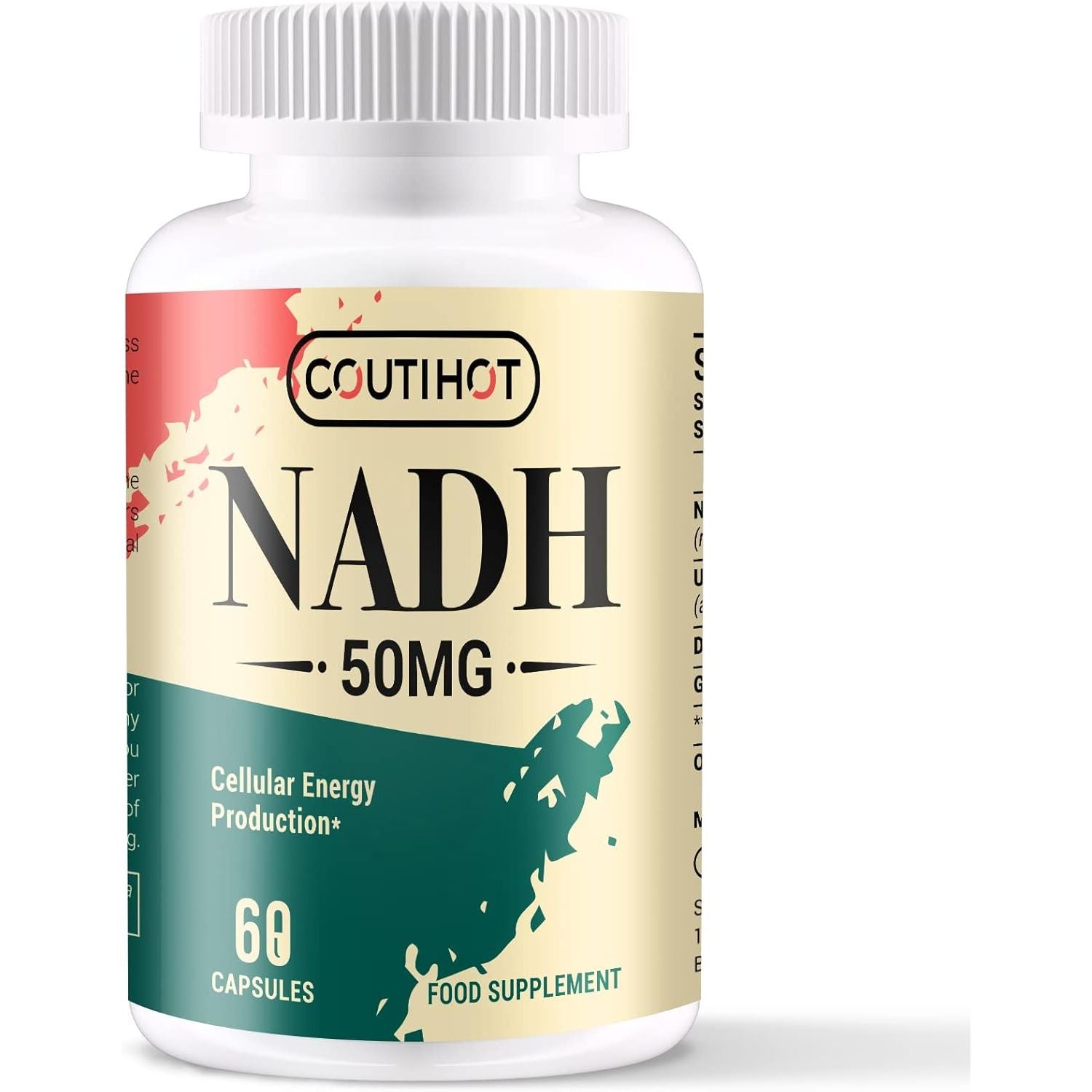 NADH 50 Mg plus Coq10 200 Mg, NADH Capsules - Energy and Fatigue Support, ATP Production - 60 Counts for 60-Day Supply