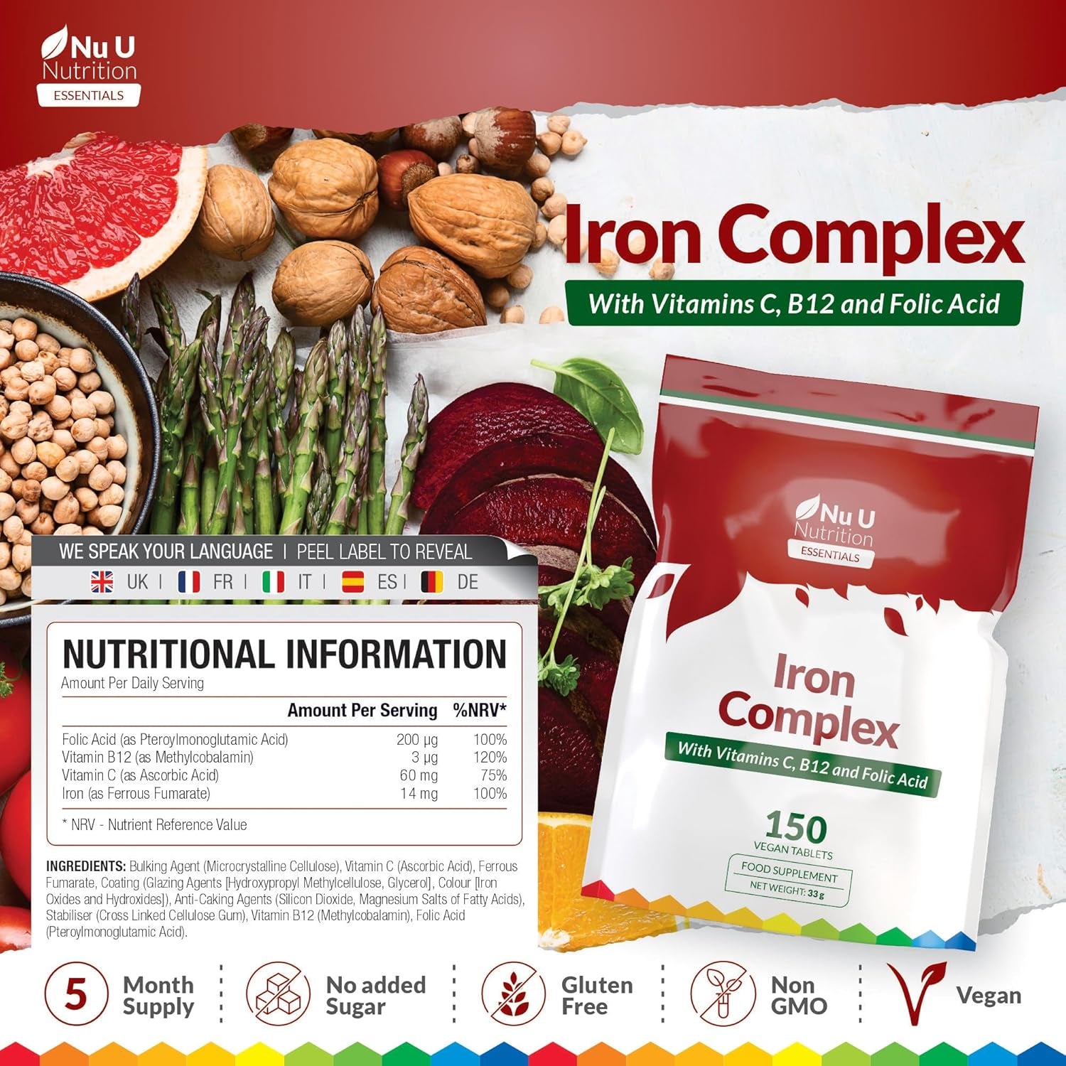 Iron Supplement - 150 Vegan Tablets - Complex with Vitamin C, B12 and Folic Acid - High Strength Ferrous Fumarate 14Mg per Tablet - Energy Support for Women & Men - Made in the UK - Nu U Nutrition