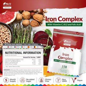 Iron Supplement - 150 Vegan Tablets - Complex with Vitamin C, B12 and Folic Acid - High Strength Ferrous Fumarate 14Mg per Tablet - Energy Support for Women & Men - Made in the UK - Nu U Nutrition