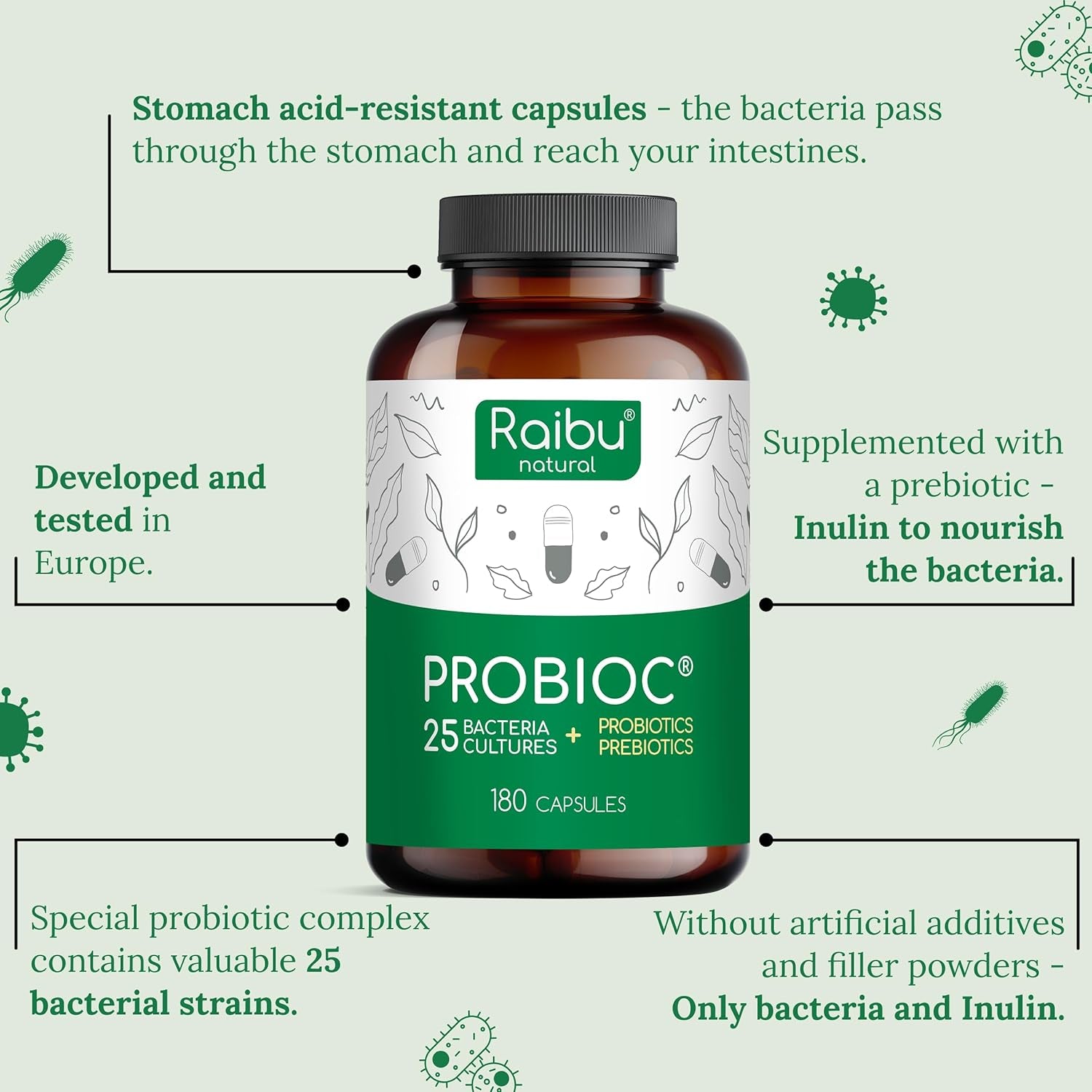 Raibu Probiotics for Gut Health - Probiotics & Prebiotics - 25 Bacterial Cultures - 180 Enteric Coated Capsules - 60 Billion CFU - Lactobacillus Acidophilus & Bifidobacterium - No Additives & Vegan