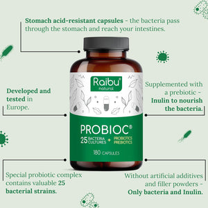 Raibu Probiotics for Gut Health - Probiotics & Prebiotics - 25 Bacterial Cultures - 180 Enteric Coated Capsules - 60 Billion CFU - Lactobacillus Acidophilus & Bifidobacterium - No Additives & Vegan