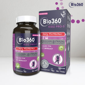 Natures Aid Bio360 Kidz Pro-5 Daily Microbiotic Powder 90G for Children 12 Months to 12 Years - 5 Billion Friendly Bacteria - Supports Digestive Health & Immunity Sugar Free Vegan Non-Gmo Gluten-Free