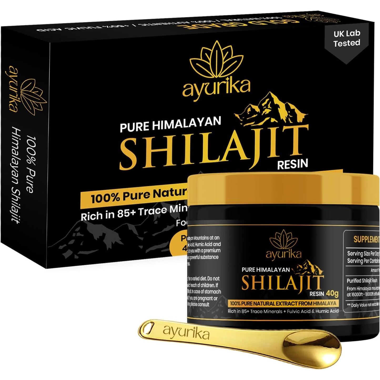 Shilajit Resin - 40G Jar with Spoon - Shilajit Resin Himalayan Supplement - Gold Grade - over 60% Fulvic Acid, Humic Acid & 85 Trace Minerals - 3Rd Party Lab Tested