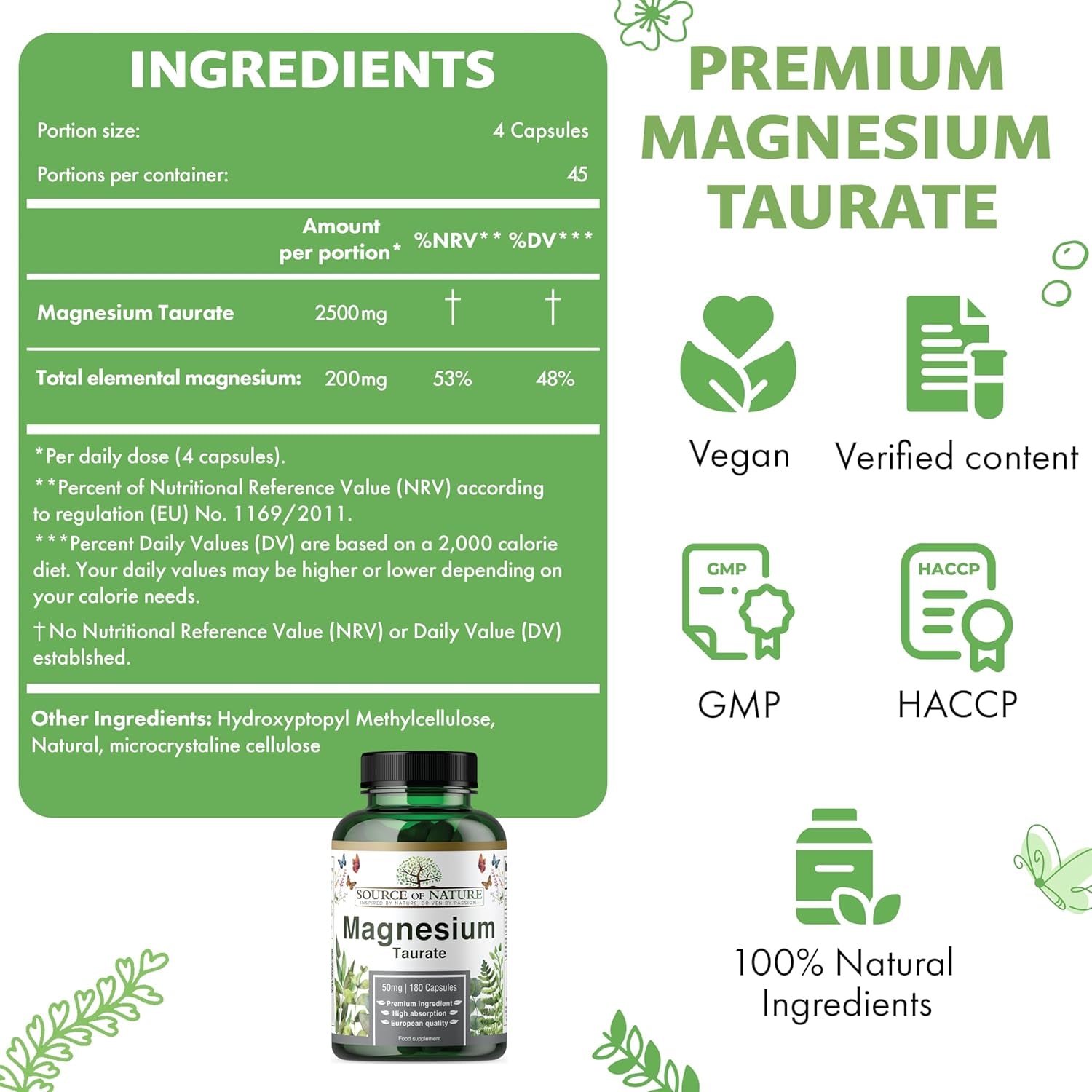 Source of Nature® | Magnesium Taurate 625Mg | 180 Capsules | 45-Day Supply | 50Mg Elemental | High Absorption | Gentle on Stomach | Lab-Tested Purity