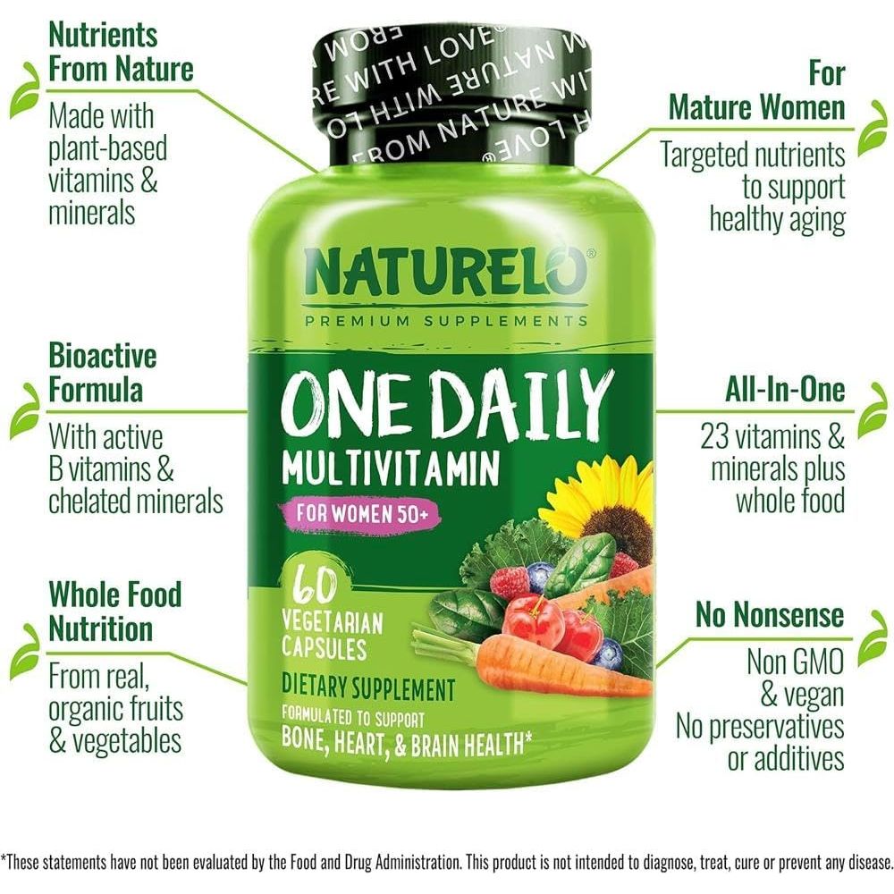 NATURELO One Daily Multivitamin for Women (50+) - with Natural Food-Based Vitamins, Minerals, Fruit & Veg Extracts - Iron-Free Menopause Supplement - 60 Vegan Capsules | 2 Month Supply