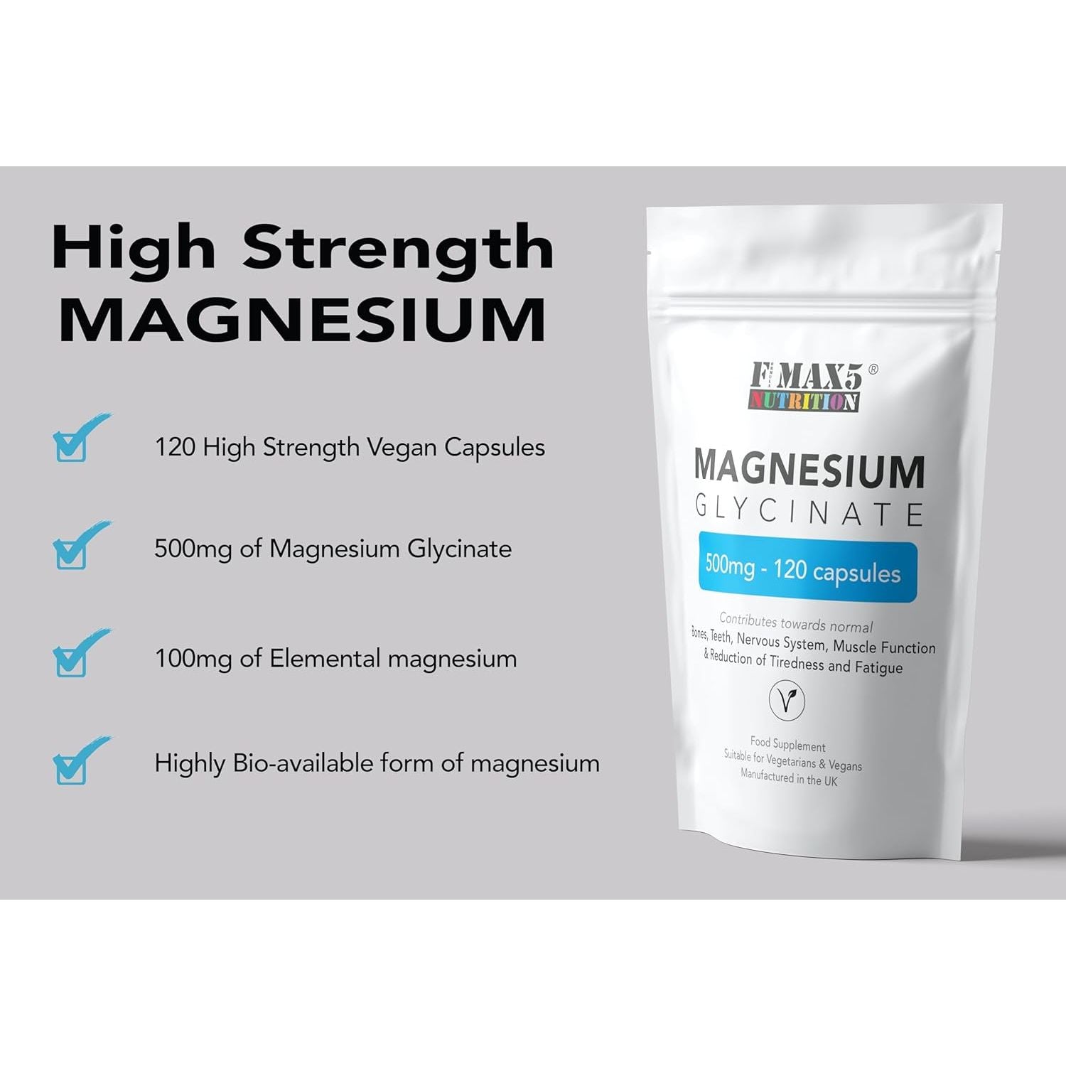 Magnesium Glycinate 500Mg Supplements as Bisglycinate, 120 Vegan Capsules, High Absorption / Bioavailability - 100Mg Elemental, UK Made
